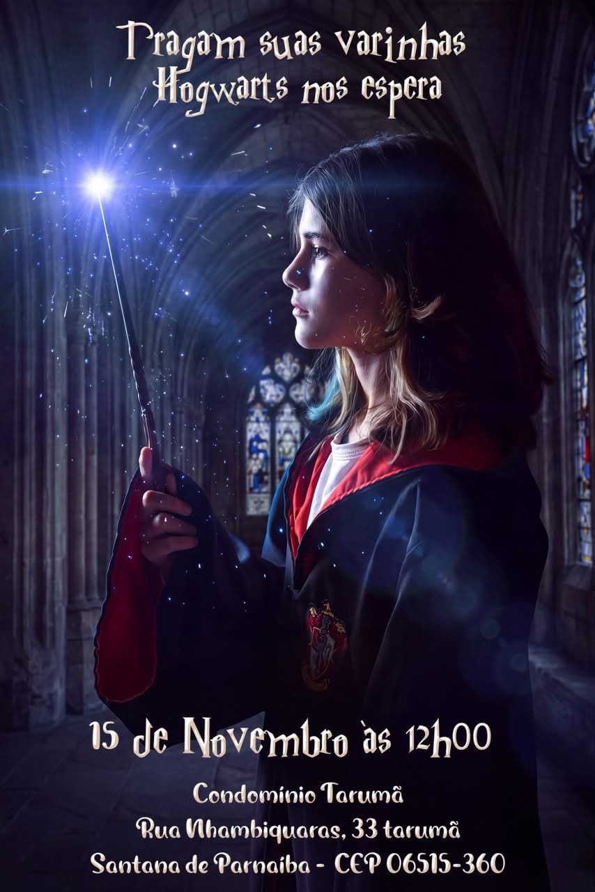 Convite de aniversário no tema Harry Potter: a aniversariante de vestes de Grifinória erguendo uma varinha iluminada em um corredor de Hogwarts